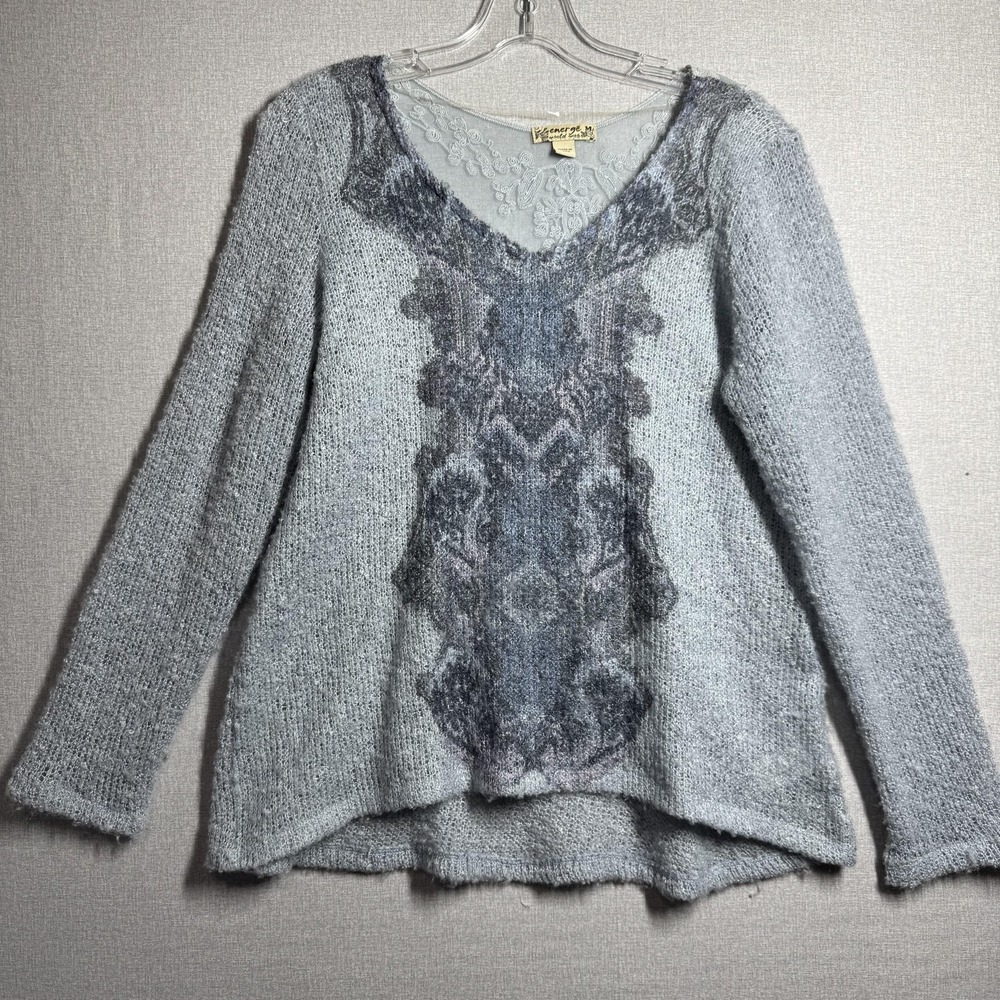 Energe Sweater Womens Medium Blue Lace Yoke Open Knit V Neck Boho Sheer Pullover